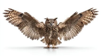 Majestic Owl with Outstretched Wings in a Captivating Pose on a White Background