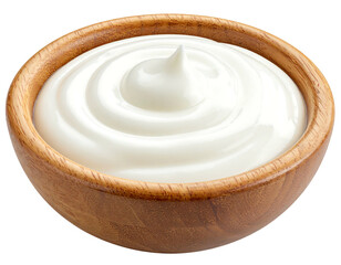 Creamy, white sauce swirls in a wooden bowl