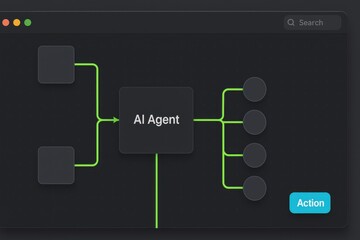 AI Agent workflow window with lime connectors feeding inputs and branching outputs, large Action button
