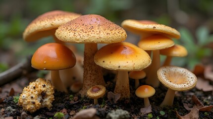 Vibrant cluster of wild orange and yellow mushrooms with speckled caps growing on the forest floor.