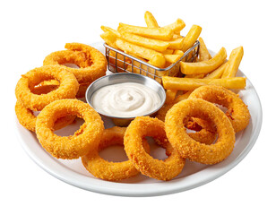 Plate of golden-brown onion rings and fries with dipping sauce