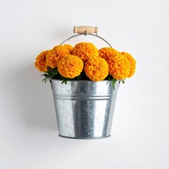 A galvanized metal bucket with a wooden handle hangs against a white wall, containing a vibrant bouquet of orange marigold flowers