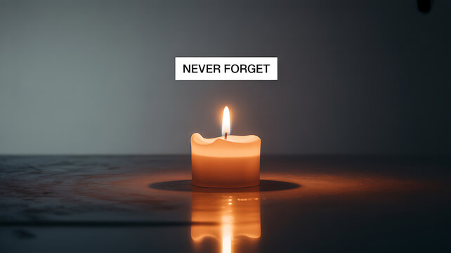 A single lit candle on a reflective surface with the text 'NEVER FORGET' above it, symbolizing remembrance and mourning.