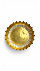 A gold bottle cap with a slightly recessed, shiny center,  a serrated edge, and a subtle shadow below, set against a stark white background