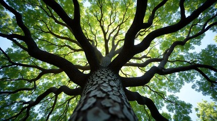 Looking up at the sprawling branches and textured bark of a majestic tree against the sky.