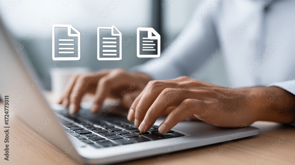 Poster cloud computing and online work, person working on laptop with cloud icon, enhancing productivity da