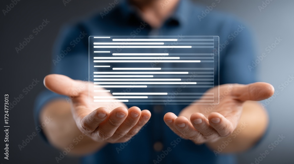 Aufkleber innovative transparent screen technology, person displays futuristic interface with informative text