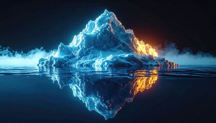A majestic iceberg, illuminated by cool blue and warm orange light, floats on a calm, dark sea under a starry night sky; its reflection is perfectly mirrored in the water