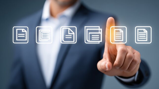 Business Professional Selecting Digital Document Icon on Virtual Interface. - Powered by Adobe