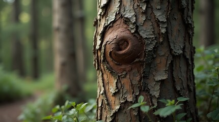 Close-up of a textured tree trunk with a swirling knot in a lush green forest.