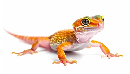 A vibrant orange gecko with yellow and red markings, showcasing detailed scales and expressive eyes, is positioned against a stark white background