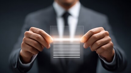 Businessman holding transparent bar chart, visualizing growth and success in corporate finance.