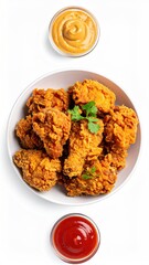 Crispy fried chicken pieces in a bowl with two dipping sauces a creamy yellow one and a red ketchup