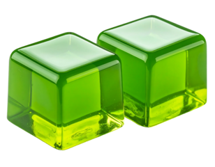 Two vibrant green, square, translucent jelly cubes (1)