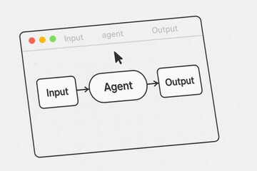 Wireframe app window with tabs and rounded blocks: Input → Agent → Output, cursor hovering
