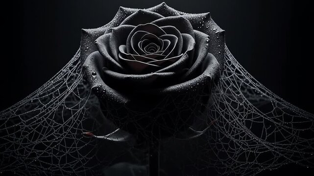 Black rose veiled in spiderwebs
