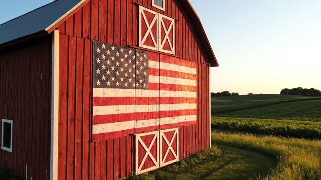 rustic red barn with american flag in golden field