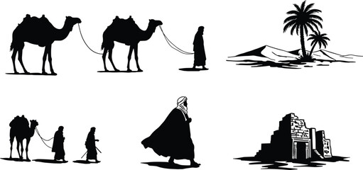 Desert caravan silhouette illustration, camel riders journey vector, Arabian nomads walking, sand dunes oasis landscape, ancient ruins art design