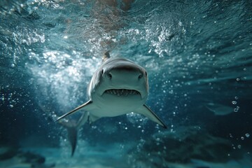 Realistic portrayal of a shark swimming gracefully through clear waters, showcasing the beauty and power of marine life beneath the surface