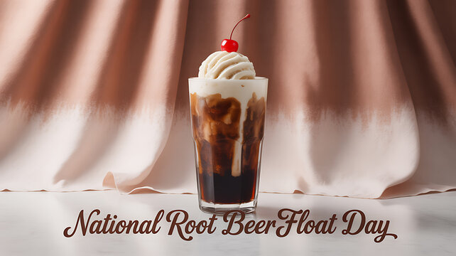 A root beer float topped with whipped cream and a cherry, served in a glass against a draped fabric background, celebrating National Root Beer Float Day.
