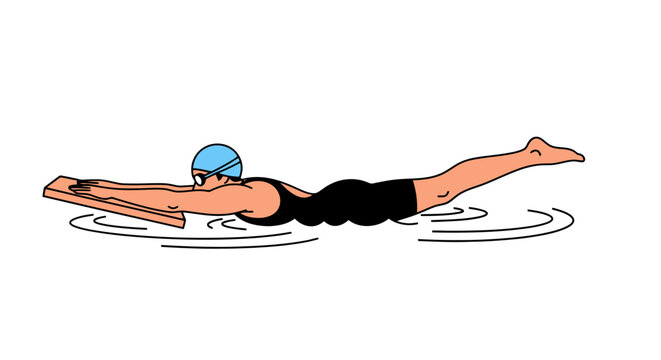 Cartoon Illustration of a Swimmer Using a Kickboard for Training and Technique Refinement in Aquatic Sports and Fitness Programs