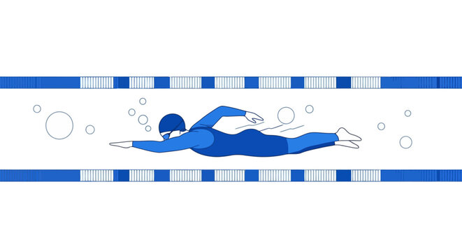 Isolated swimmer in a pool lane illustration for promoting aquatic sports, fitness programs, and swimming lessons, suitable for advertising health and wellness activities. - Powered by Adobe