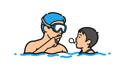 Instructor Teaching a Child Swimming Illustration for Educational Materials, Swimming Lessons, and Water Safety Campaigns Designed for Children and Parents