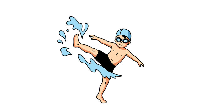 Cartoon illustration of a young boy joyfully kicking water for swimming lessons, perfect for instructional materials, advertisements, or promoting youth aquatic activities.