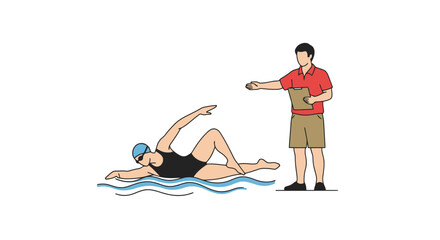 Illustration depicting a swimmer performing the backstroke with a coach observing, suitable for instructional swimming guides, fitness programs, or sports training materials.