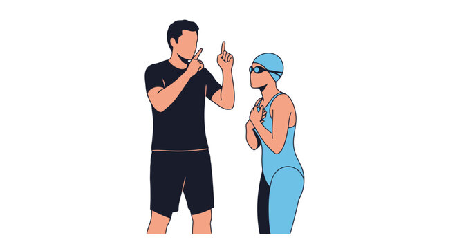 Swimming coach instructing a swimmer on technique and strategy for competitive swimming, ideal for illustrating sports coaching, training programs, or swimming lessons