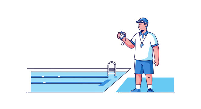 Vector Illustration of a Swimming Coach Timing Swimmers with a Stopwatch Near a Pool, Ideal for Sports Training and Fitness Promotion Content