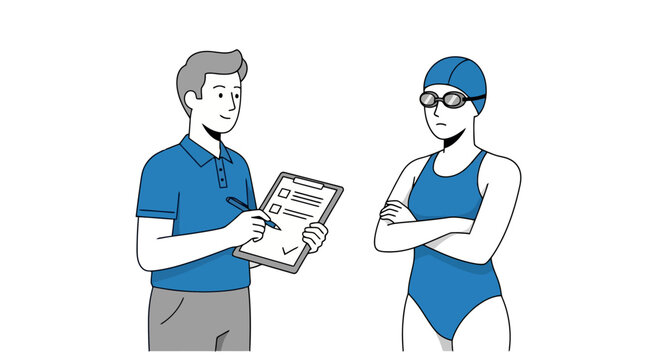Swim Instructor Giving Feedback to Swimmer with Checklist, Ideal for Sports Training Programs and Aquatic Fitness Education Materials - Powered by Adobe