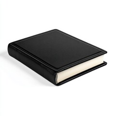 Black Leather-Bound Book on White Background, Closed and Elegant
