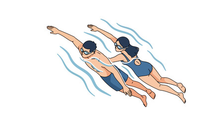 Cartoon illustration depicting a couple swimming together in a pool, showcasing teamwork and healthy lifestyle, suitable for advertising swimming lessons, or promoting water sports activities.