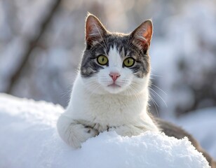 Gray and White Cat in Snow.