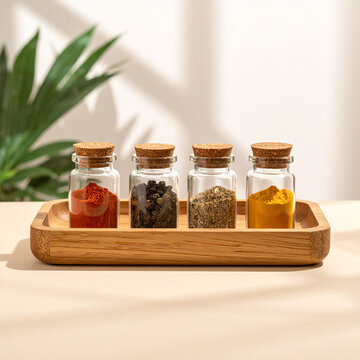 Small wooden tray with spice jars arranged neatly on pastel neutral surface under soft top light and clean minimal composition