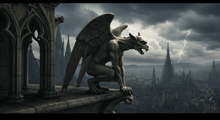 Gargoyle Statue Overlooking City During Thunderstorm