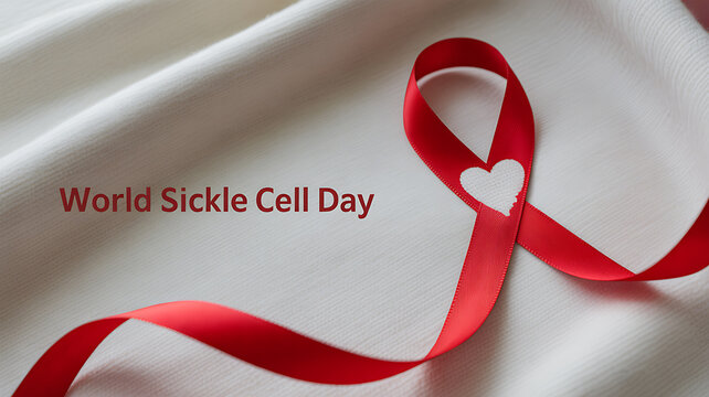 Red ribbon with heart cutout on white fabric for World Sickle Cell Day