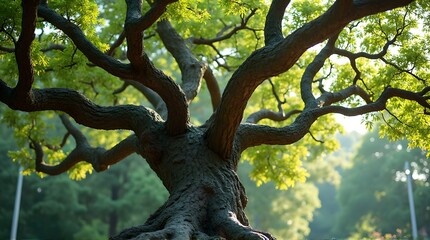 Majestic Tree with Spreading Branches and Green Leaves in a Lush Park Setting