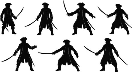 Pirate silhouette vector illustration, vintage corsair sword fighter artwork, historical buccaneer character design, sea outlaw drawing, marine fighter silhouette graphic