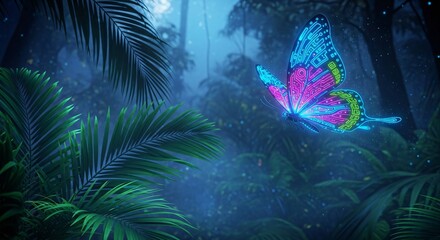 Naklejka premium Butterfly's Flight in a Magical Forest: A mesmerizing butterfly soars through a mystical, moonlit rainforest, with neon colors dancing on its wings, as if it's emerged from a fantasy.