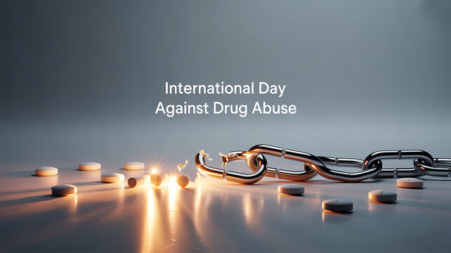 International Day Against Drug Abuse: Pills and chains symbolize addiction and recovery