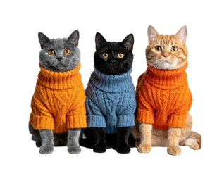 Three cats in sweaters, posed