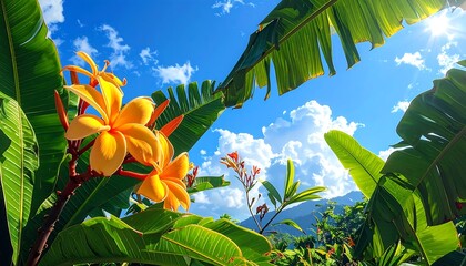 Tropical scene featuring vibrant yellow flowers, banana leaves, and a bright blue sky with sun flares. Lush greenery dominates