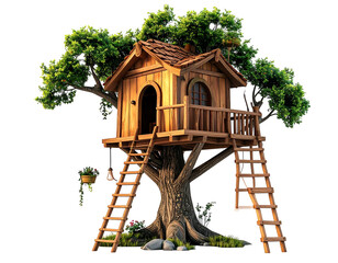 Wooden treehouse nestled in a large tree (1)