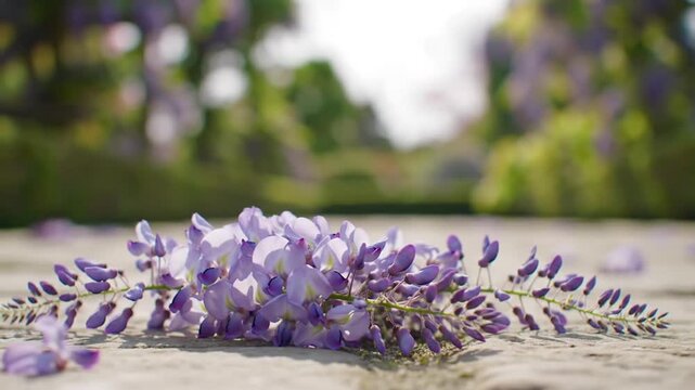 Purple wisteria blossoms on stone