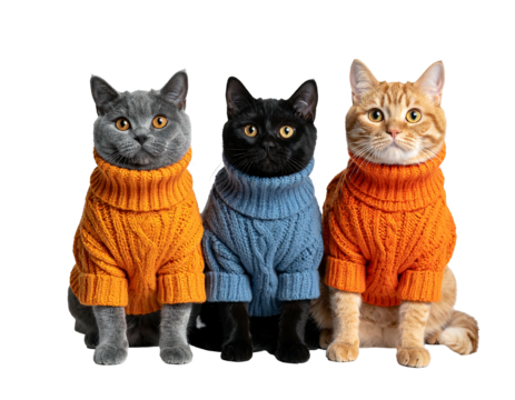 Three cats in sweaters, posed