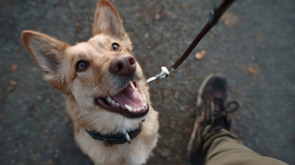 Happy dog eagerly waiting on a leash looking up at owner on a gravel path with leaves scattered around, wearing a collar and surrounded by a natural outdoor setting.