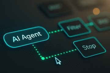 Close view of AI Agent flowing to Filter and Stop blocks, dotted connectors and warm bokeh
