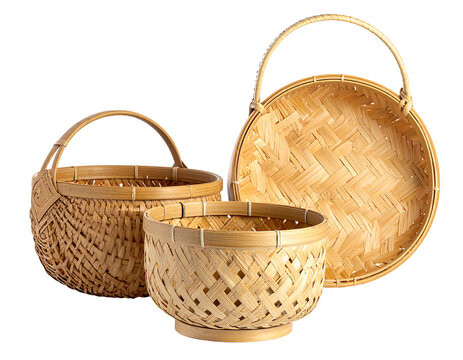 Three round woven bamboo baskets with handles